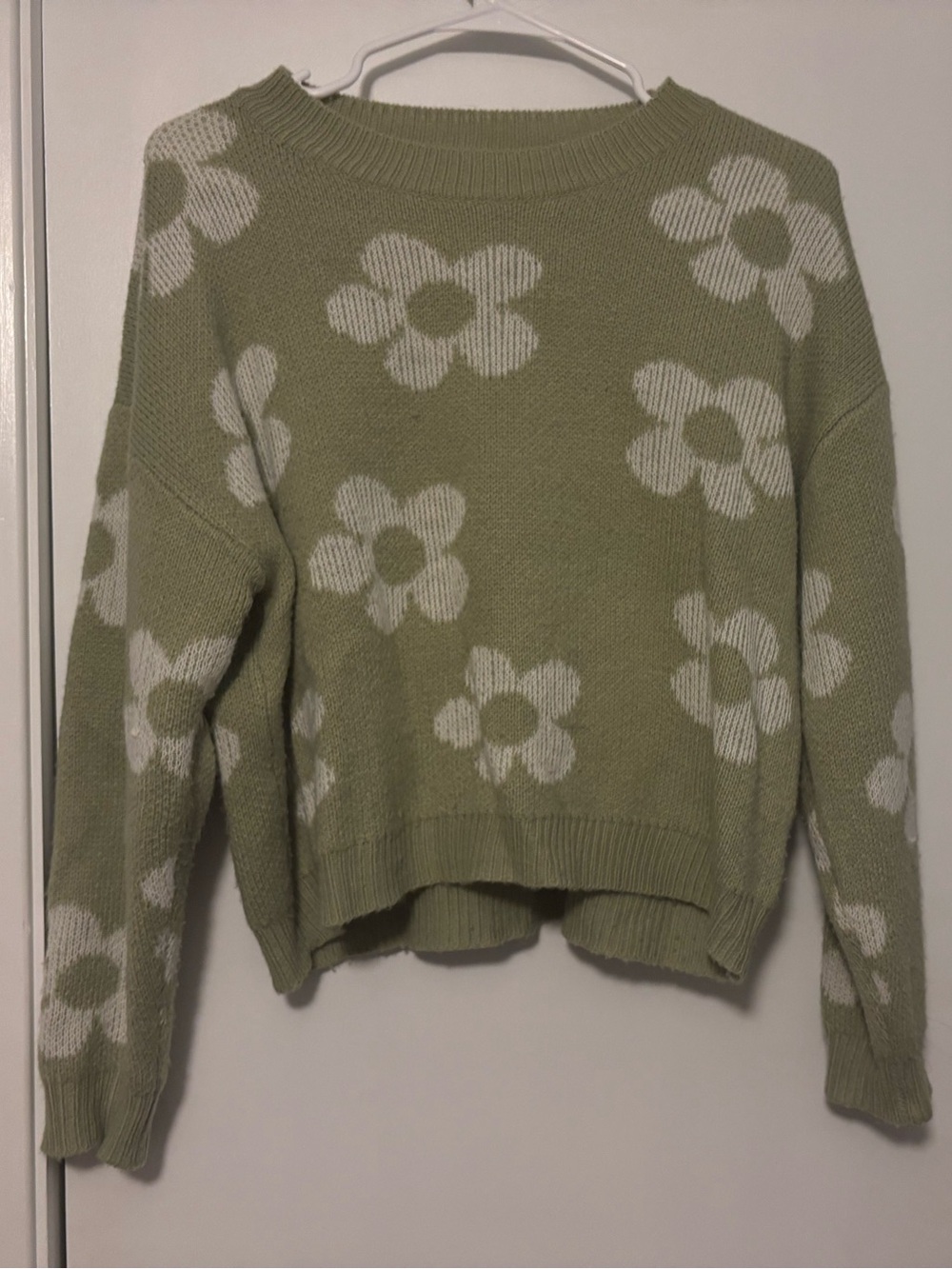Floral Knit Crewneck Sweater in Light Green